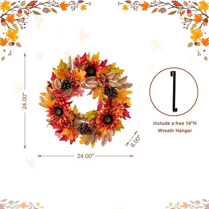 Glitzhome 24''D Fall Wreath with Hanger, Artificial Autumn Wreath for Front Door with Sunflower, Pinecone and Berry, Harvest Wreaths Decor for Indoor Outdoor Holiday Decoration