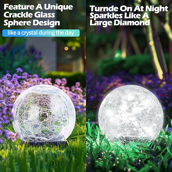 Garden Solar Ball Lights Outdoor Waterproof, 80 LED Cracked Glass Globe Solar Power Ground Lights for Path Yard Patio Lawn, Outdoor Decoration Landscape White (2 Pack 5.9'')