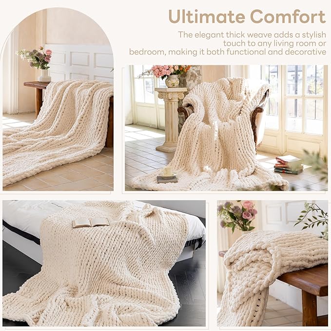 Chunky Knit Blanket - Luxury Soft Cozy 40 * 50 Throw Blanket,100% Woven Blanket Rope Knot Throw Blanket for Couch, Sofa, Home Decor, Gift - Machine Washable(Cream)