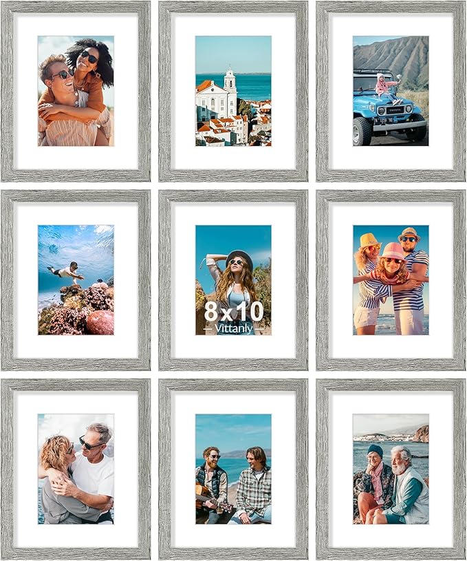 Vittanly 8x10 Picture Frames Set of 9, Shatter Resistant Plexiglass, Display 5x7 Pictures with Mat or 8x10 without Mat, Photo Frames for Wall or Tabletop, Engineered Wood, Grey