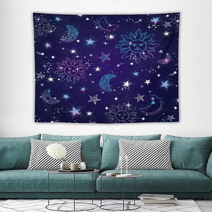 HZOHNAGO Boho Sun Moon Tapestry Purple Blue Sun Stars Galaxy Pattern Printed Wall Tapestry Wall Hanging for Bedroom Living Room Dorm 80" W x 60" H