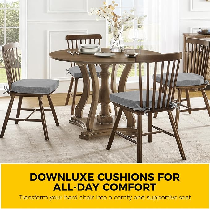 downluxe Indoor Chair Cushions for Dining Chairs, Soft and Comfortable Textured Foam Kitchen Chair Pads with Ties and Non-Slip Backing, 16" x 16" x 2", Dark Grey, 6 Pack