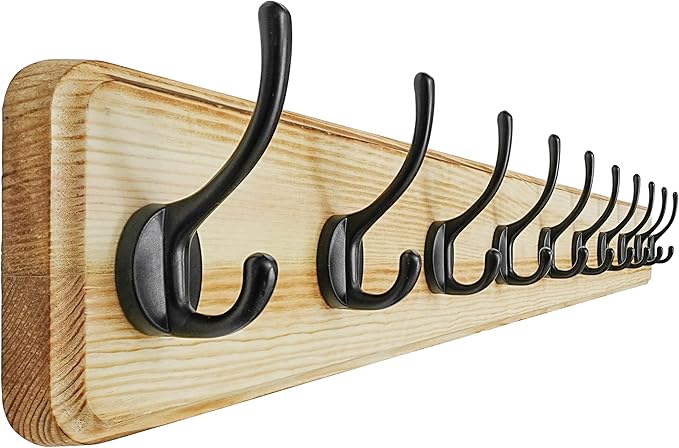 Dseap Coat Rack Wall: 38-1/4" Long, Patented, Heavy-Duty, 10-Double-Hooks Wooden Wall Mounted Coat Rack Coat Hanger Hook Rail for Winter Coats Hat Jacket Clothing, Light Brown