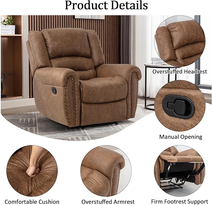 CANMOV Leather Recliner Chair, Classic Breathable Manual Recliner Chair with Comfortable Arm and Back Single Sofa for Living Room, Camel