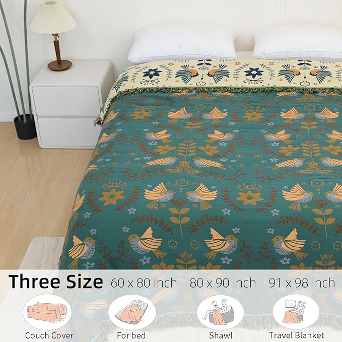 Boho Throw Blanket for Bed - 100% Pure Cotton Ultra Soft Rustic Quilt - Farmhouse Decor Bed Blankets, All Season Rustic Throw for Sofa Couch Chair(60"×80", Bird A)