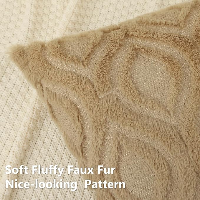 decorUhome Throw Pillow Covers 22x22 Inch Set of 2, Soft Plush Decorative Faux Fur Light Brown Solid Couch Pillow Covers, Accent Farmhouse Neutral Square Euro Pillow Cases for Sofa Bed Living Room