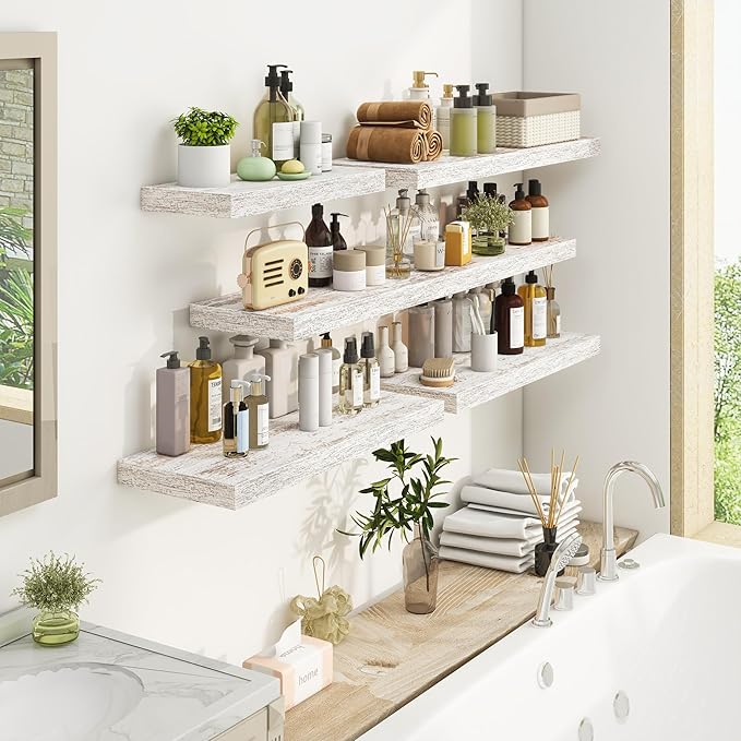 Fun Memories Deep Floating Shelves - 16" W x 9" D x 1.6" H Rustic Grey Wall Shelf - Wall Mounted Shelves for Storage - Wooden Shelves with Invisible Brackets for Living Room, Farmhouse - Set of 2