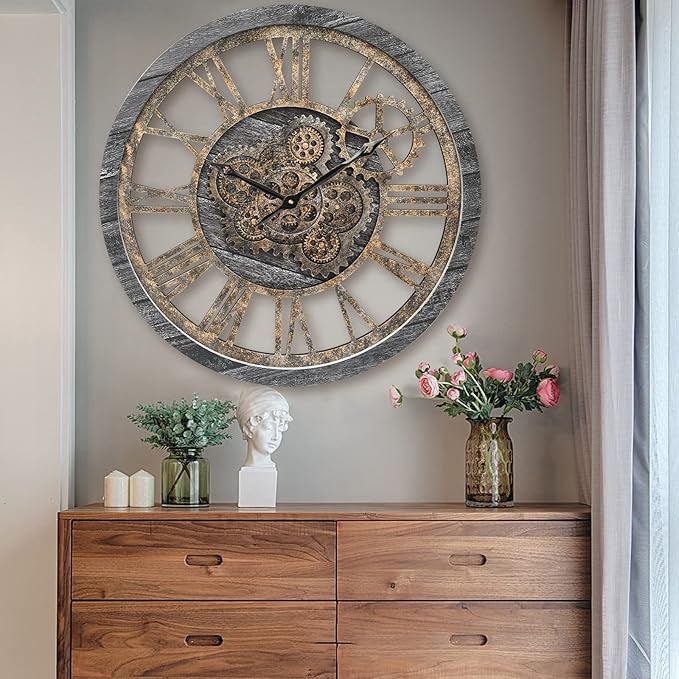 HOIBAI Large Wall Clock, Wall Clocks for Living Room Decor 20 Inch Farmhouse Vintage Rustic Kitchen Wall Decor Vintage Roman Oversized Wall Clock for Home Bedroom House Office, Moving Gears Clock