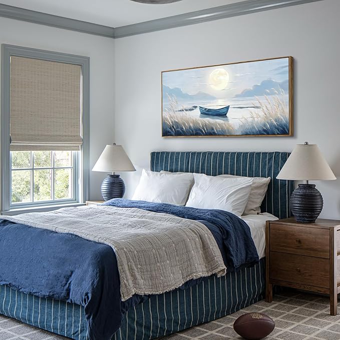 amatop Large Framed Wall Art Bedroom Living Room Decor Blue Boat Moonlight Coastal Seascape Picture Landscape Decorative Canvas Print Tranquil Night Ocean Lake Scene Artwork Nautical Wall Decor 48x24