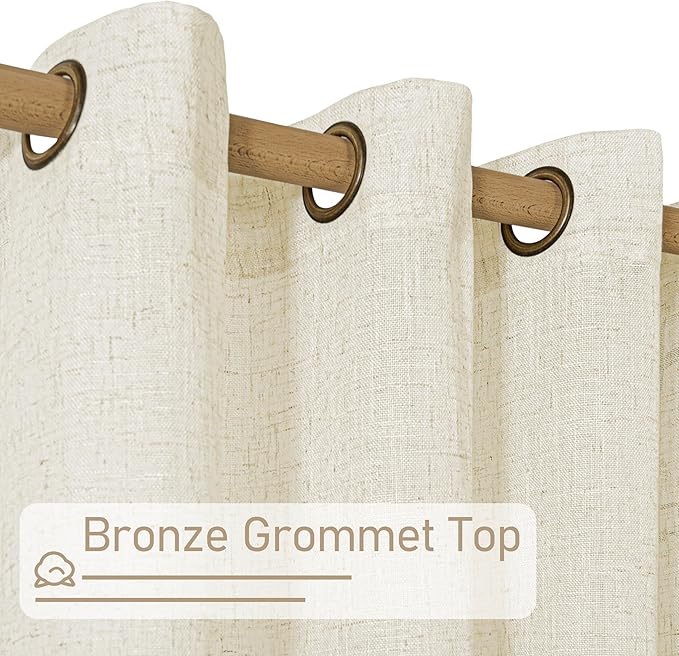 LAMIT 30 Inch Cafe Linen Curtains for Small Window, Cream Ivory Semi Sheer Light Filtering Short Curtains Bronze Grommet Neutral Drapes for Bathroom/Basement, 2 Panels, Natural, 34 x 30 Inch