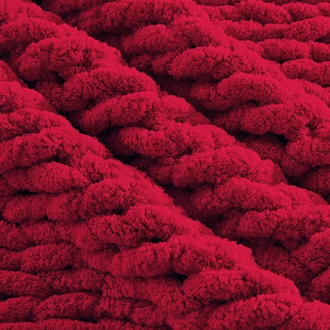 Carriediosa Chunky Knit Throw Blanket 50" X 60", 100% Hand Made Large Chenille Loop Yarn Soft Fluffy Throws for Couch Sofa Bed, Big Crochet Cozy Heavy Thick Cable Woven Blankets, Red