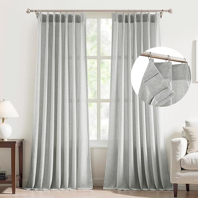 FMFUNCTEX Pinch Pleated Curtains 96 Inches Long for Living Room, Grey Semi Sheer Faux Linen Textured Pleat Drapes for Bedroom with Hooks, Light Filtering Farmhouse Window Drapes 2 Panels