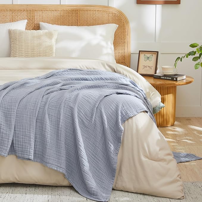 EMME Cotton Muslin Throw Blanket Couch Breathable Gauze Blanket Soft Lightweight Blankets Adults (Dusty Blue, 50"x60")