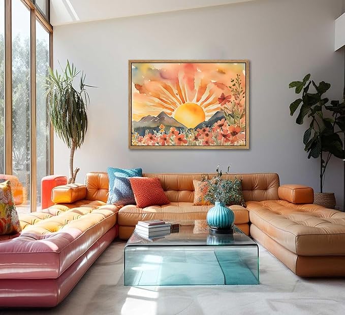 Framed Boho Sun Canvas Wall art Mid-Century Modern Abstract Bohemian Sunset in The Mountains Watercolor Wildflowers Sunrise Landscape Picture Wall Decor Poster Print Artwork for Living Room