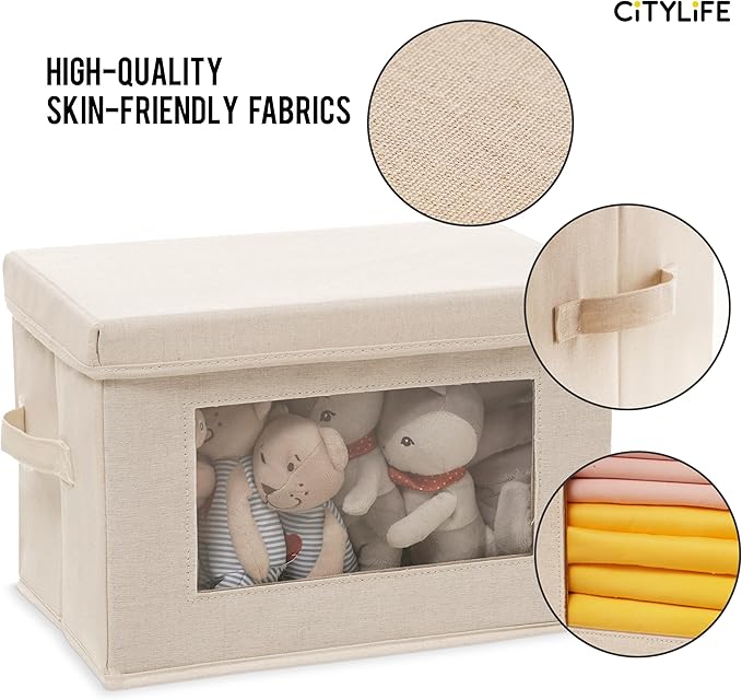 Citylife 3 Pack Storage Bins with Lids, Fabric Foldable Storage Bins with Soft Cord Handles, Canvas Storage Bin with Lid for Organizing Clothes, Blankets and Books, Beige