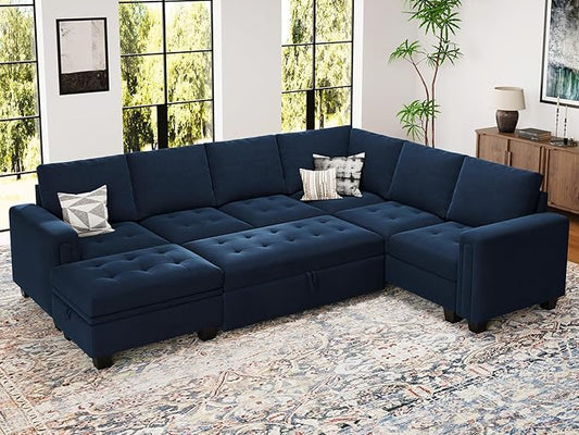 Belffin Modular Sectional Sleeper Sofa with Pull Out Bed U Shaped Sectional Sofa Couch with Storage Ottoman Velvet Covertible 7-Seater Sofa for Living Room Blue