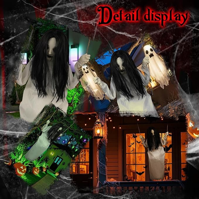 Halloween Decorations Outdoor Indoor Haunted Swinging Girl, Scary Ghost on Swing for Yard Porch, Creepy Motion Easy to Hang