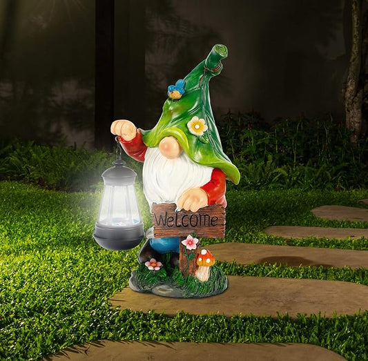 Garden Gnome Statue, Resin Figurine with Bright Solar Lantern Lights and Welcome Sign, Outdoor Solar-Powered Illumination Yard Art Decorations for Indoor Outdoor Patio Lawn Garden Room