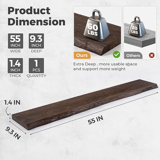 RICHFOCUS Live Edge Elm Floating Shelves - 55" W x 9.3" D Rustic Solid Wood Wall Shelves with Invisible Bracket, Wall-Mounted for Living Room, Bedroom, Kitchen Storage & Display, Set of 1, Walnut