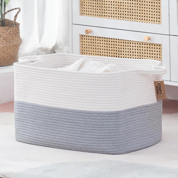 COMFY-HOMI Large Rectangle Laundry Storage Basket | Cotton Rope Woven, Organizing with Handle | Dirty Cloth & Baby Shower Basket | 22x15x12' - White/Grey