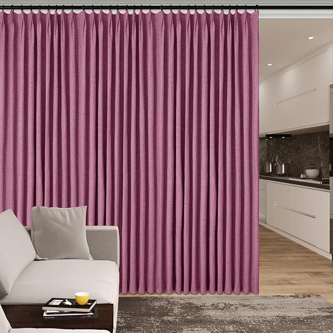 Lilac Pinch Pleat 100% Blackout Drapes Linen Blend, Room Divider, Room Darkening, Energy Saving, Furniture Protecting, Light Blocking Extra Wide Privacy Curtains, 200Wx102L, 1 PC