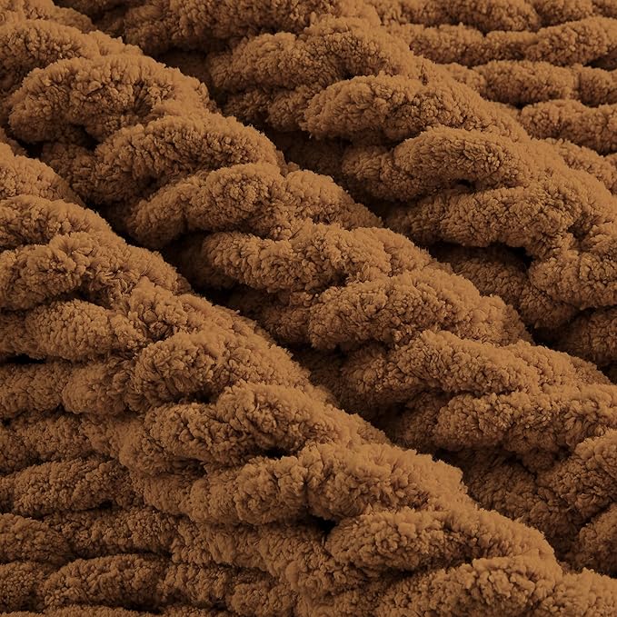 Carriediosa Chunky Knit Throw Blanket 60" X 80" Twin, 100% Hand Made Large Chenille Loop Yarn Soft Fluffy Throws for Couch Sofa Bed, Big Crochet Cozy Heavy Thick Cable Woven Blanket, Light Brown