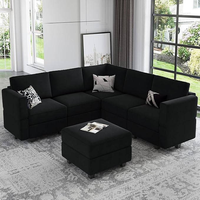 Belffin Modular Sectional Sofa with Storage Seats Velvet L Shaped Corner Couch Convertible Sectional Sofa with Chaise Black