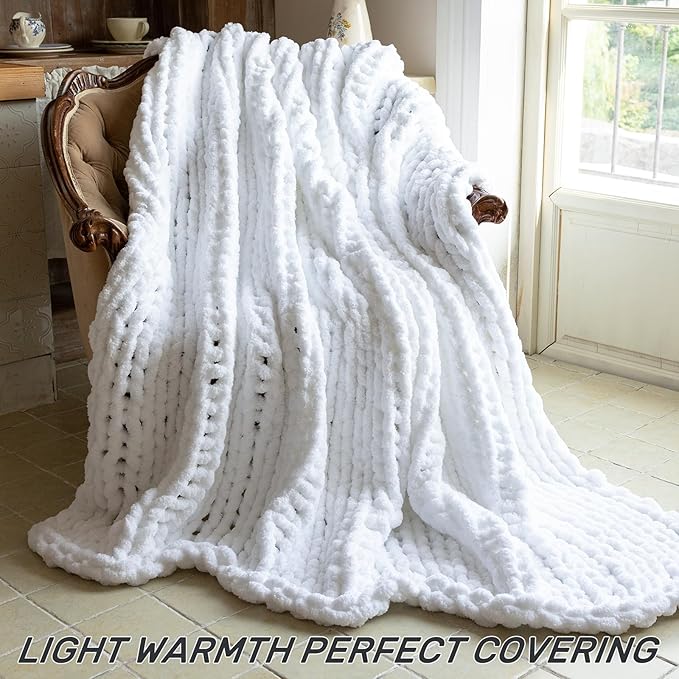 Chunky Knit Blanket - Luxury Soft Cozy 40 * 50 Throw Blanket,100% Woven Blanket Rope Knot Throw Blanket for Couch, Sofa, Home Decor, Gift - Machine Washable(White)