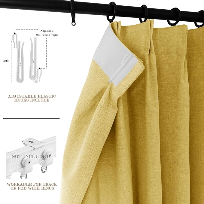 Yellow Pinch Pleat 100% Blackout Drapes Linen Blend, Room Divider, Room Darkening, Energy Saving, Furniture Protecting, Light Blocking Extra Wide Privacy Curtains, 200Wx102L, 1 PC