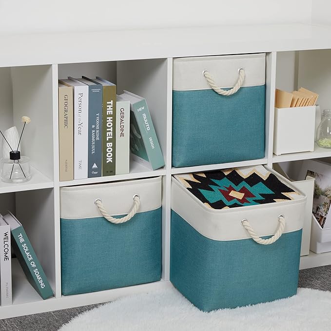 Bidtakay Fabric Baskets for Closets Shelves Lined Set of 3 Large Square Collapsible Storage Bins for Organizing 13 X 13 Cube Storage Bins for Pantry Organization Storage(Teal Blue)