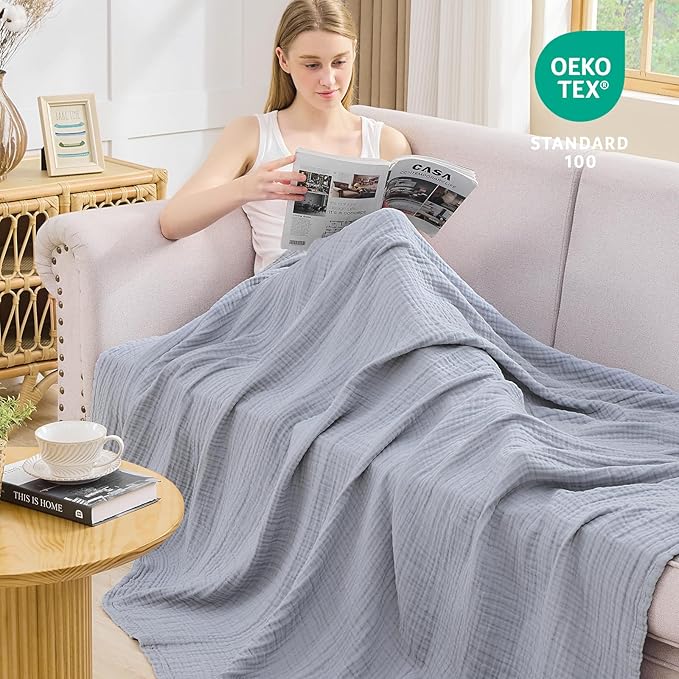 EMME Cotton Muslin Throw Blanket Couch Breathable Gauze Blanket Soft Lightweight Blankets Adults (Dusty Blue, 50"x60")