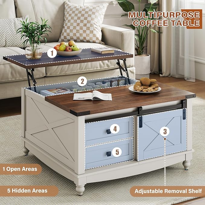 31.5" Lift Top Coffee Table with Storage, Farmhouse Coffee Tables for Living Room, Square Coffee Table with Large Hidden Storage Compartment, 2 Drawers & Removable Shelves, White