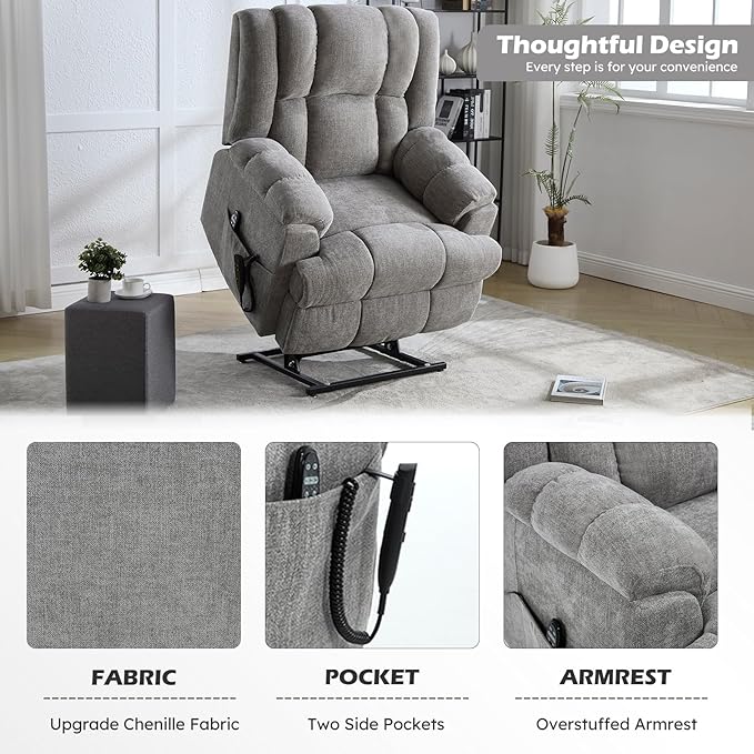 Dual Motor Power Lift Recliner Chair with Massage and Heat for Elderly People, Infinite Position, Light Grey Recliner Chair, Chenille Fabric Lift Chair