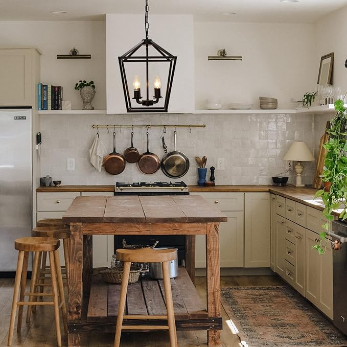 4-Light Lantern Pendant Light,Modern Industrial Black Cage Farmhouse Chandelier for Kitchen Island,12'' Rustic Metal Hanging Lighting Fixture for Dining Room Bedroom Foyer Entry Porch