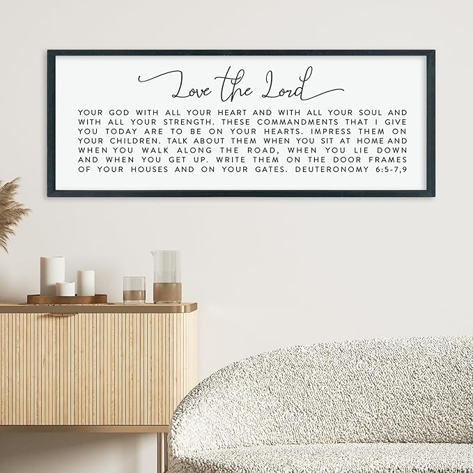 LuZhiQiang Love The Lord Your God With All Your Heart Wall Decor Art 40"×15" Deuteronomy 6:5-7, 9 Scripture Sign Bible Verse Large Wood Framed Wall Hanging (Black)