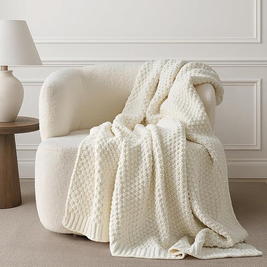 Chunky Chenille Knit Throw Blanket for Couch, Soft Luxurious Moss Stitch Blankets for Bed, Cozy Decorative Farmhouse Knitted Throws for Sofa, Ivory White, 60" x 80"