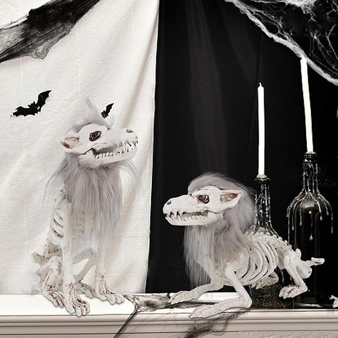 DR.DUDU 2 Pack Halloween Skeleton Wolf Decorations, Life Size Animals Skeletons Poseable Halloween Decor Plastic Bones with Hair Wolf Skull Figurines for Table Yard Lawn Party Props Décor