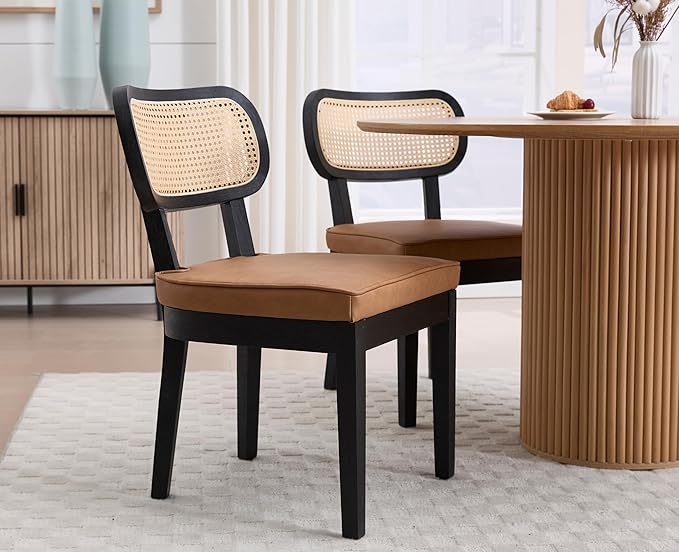 EALSON Mid Century Modern Rattan Dining Chairs Set of 2 Farmhouse Black Wood Kitchen Chairs with Cane Back Leather Upholstered Accent Armless Chairs for Dining/Living Room Restaurant, Brown