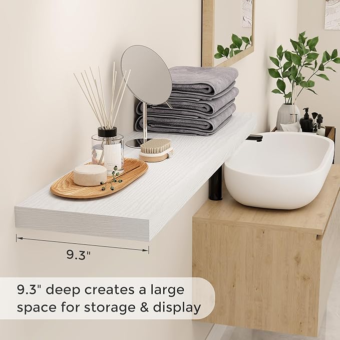 40 Inch Floating Shelves White, 40" W x 9" D Floating Shelf Set of 2, Farmhouse Wood Wall Shelves for Bedroom, Kitchen, Wall Mounted Deep Shelving for Home Decor