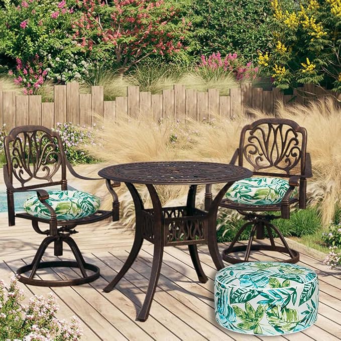 FUNHOME Inflatable Outdoor Ottoman with Air Pump,20"x9" Portable Patio Pouf,Water Resistant,Fade-Resistant,Round Blow Up Footrest Stools for Home Garden Camping Travel(Palm Leaf)