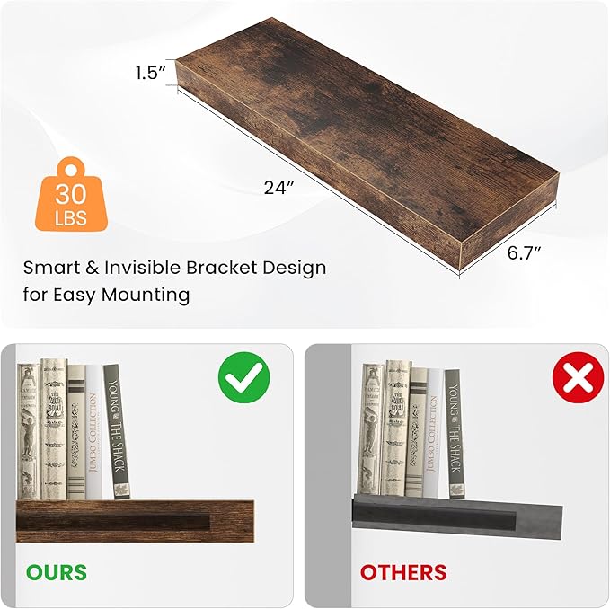 Floating Shelves for Wall, 24"W x 6.7"D x 1.5"H, Wooden Wall Mounted Display Shelf with Invisible Brackets for Living Room, Bedroom, Bathroom, Kitchen Decor and Storage, Set of 2, Rustic Brown