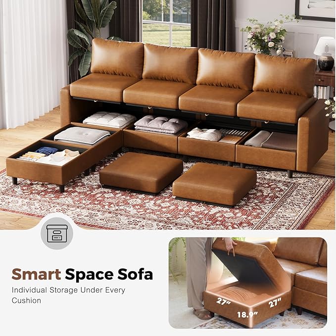 118.5" Faux Leather Modular Sectional Sofa, L Shaped Couch Set for Living Room, 7-Seater Comfy Cloud Couches with Storage Seat Brown