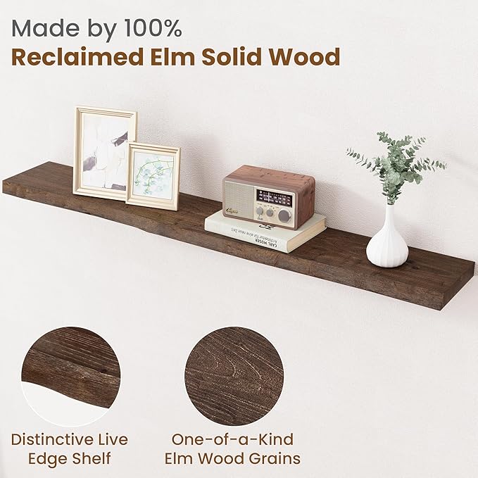 Floating Shelves for Wall Decor, Rustic Solid Elm Wood Live Edge Floating Shelves Wall Mounted, Wall Shelves with Invisible Bracket for Living Room Bathroom Bedroom Kitchen, 48 Inch, Walnut