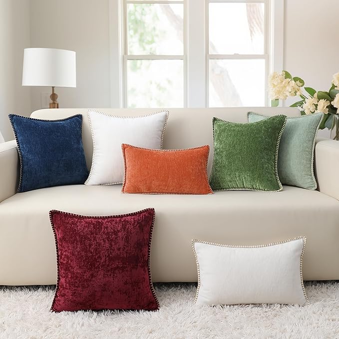 decorUhome Fall Chenille Soft Throw Pillow Covers 16x16 Set of 2, Farmhouse Velvet Neutral Decorative Euro Pillow Covers with Stitched Edge for Couch Sofa Bed Home Decor, Rust