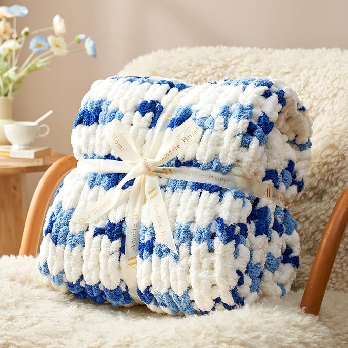 Amélie Home Chunky Knit Throw Blanket for Couch, Soft Chenille Crochet Blanket for Sofa, 50"x60", Space-Dyed Blue Striped