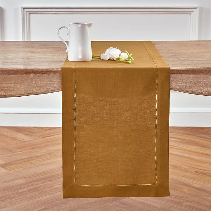 Solino Home Linen Brown Sugar Table Runner 120 Inches Long - 100% Pure Linen 14 x 120 Inch Table Runner for Fall, Autumn, Thanksgiving - Classic Hemstitch
