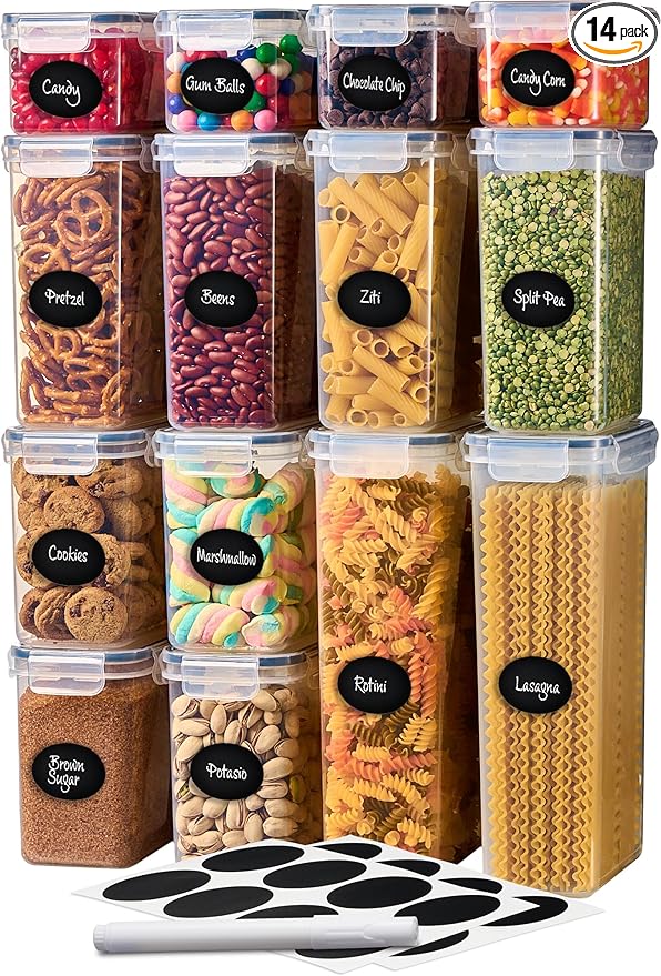 DWËLLZA KITCHEN Set of 14 Airtight Food Storage Containers for Pantry Organization and Storage - Sugar, Flour, Pasta, Spaghetti Plastic Air tight Kitchen Storage Containers With Lids, Labels & Marker