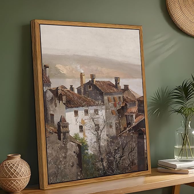 Floating Framed Vintage Canvas Wall Art, European Country Towns Wall Decor Oil Paintings Artwork, Rustic Farmhouse Posters Prints Pictures for Living Room Hallway Bedroom 16x24 inch