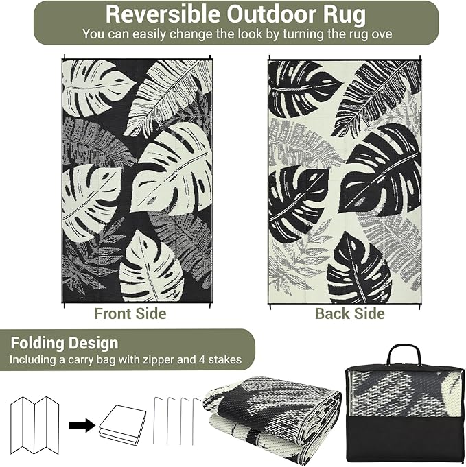 GAOMON Waterproof 8x10 Outdoor Rug Reversible Plastic Straw Rug Modern Patio Carpet, Foldable Lightweight RV Camping Mat with Portable Bag & 4 Stakes, UV Resistant & Sturdy for Picnic, Beige