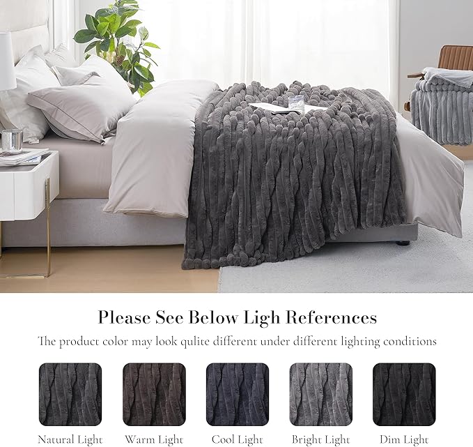 Amélie Home Faux Fur Throw Blanket for Couch, Cozy Fuzzy Fluffy Fur Luxurious Soft Striped Plush Gift Blankets for Family Sofa Chair Bed Living Room Bedroom, 60"x80", Charcoal Grey